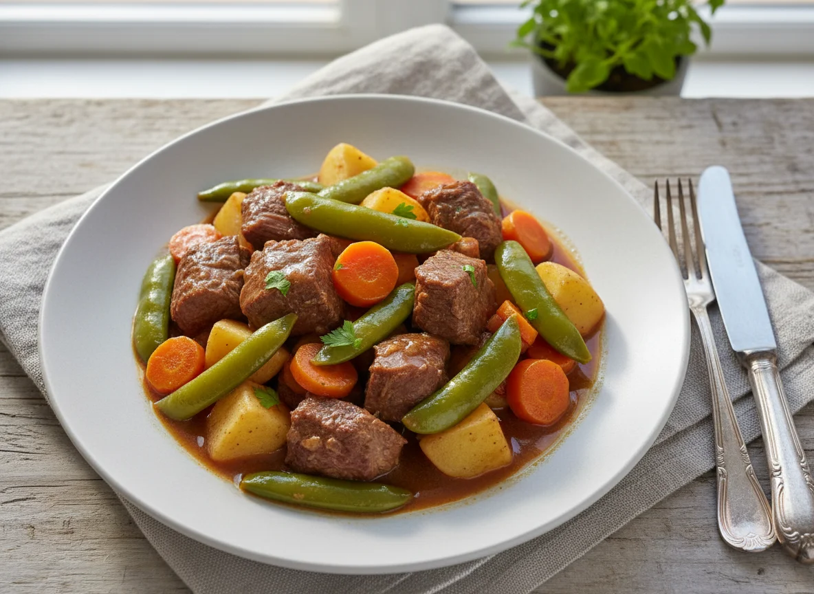 Carne con papas, zanahoria y arvejas photo