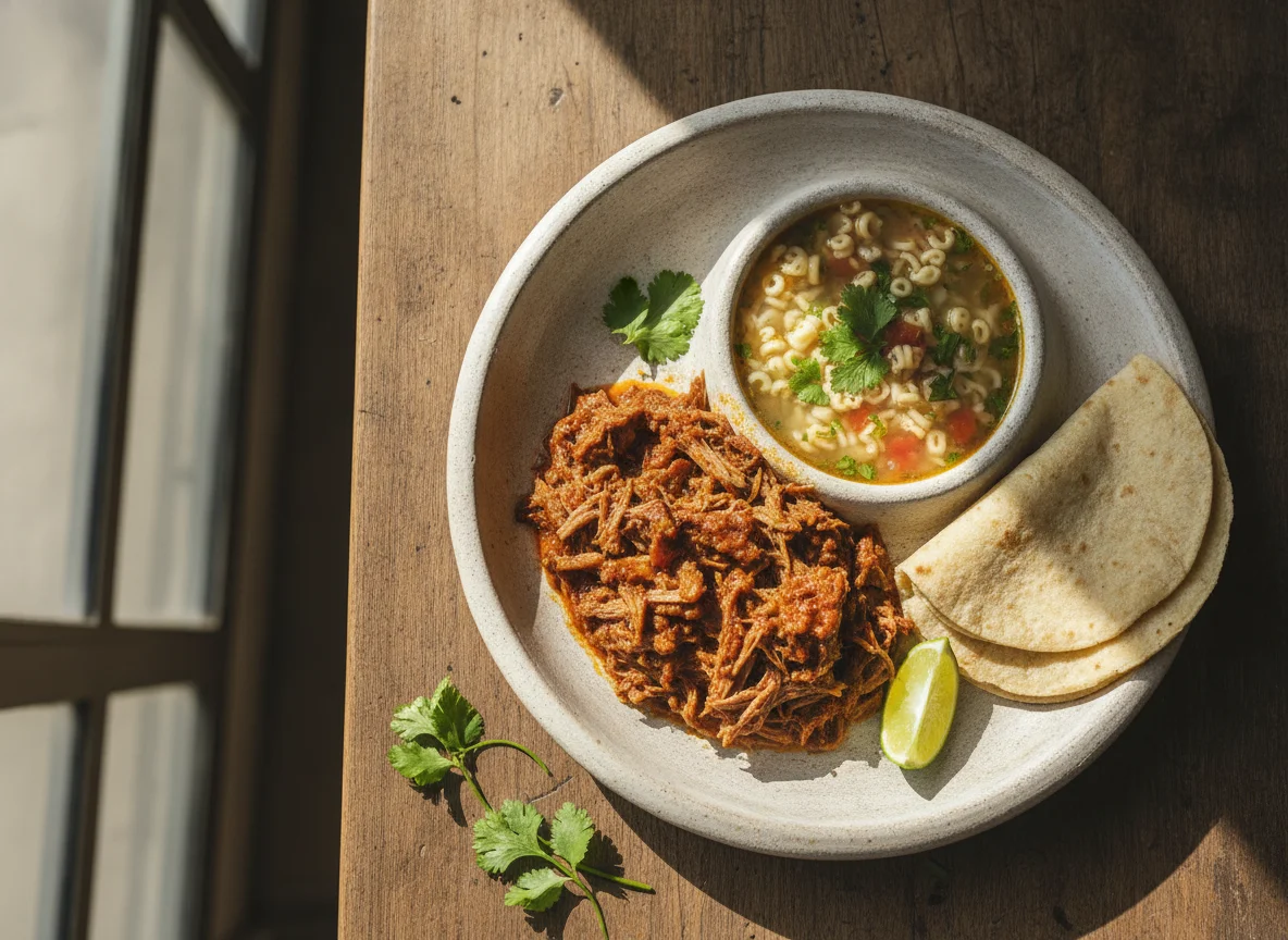 Carne con pasta y tortilla photo