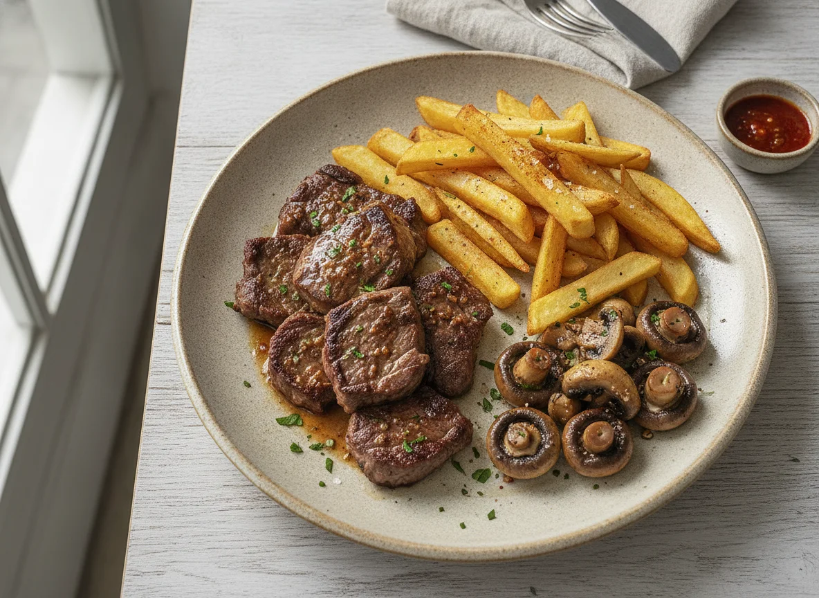 Carne con patatas fritas y champiñones photo