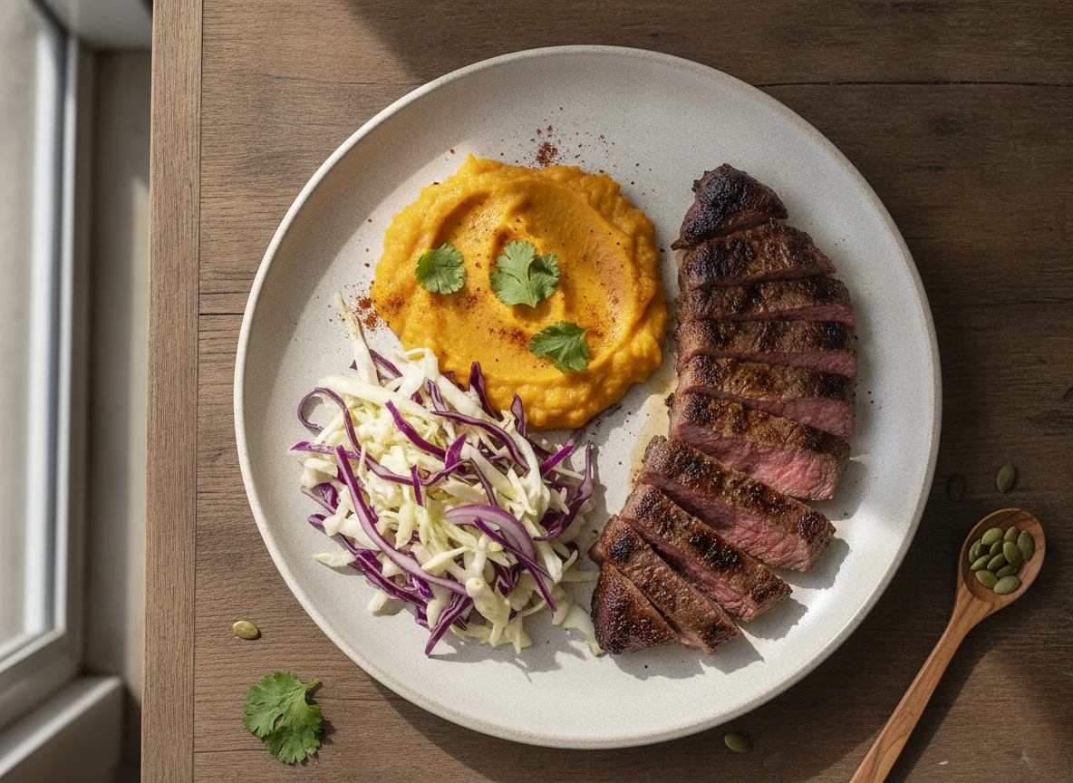 Carne con puré de calabaza y ensalada de repollo photo