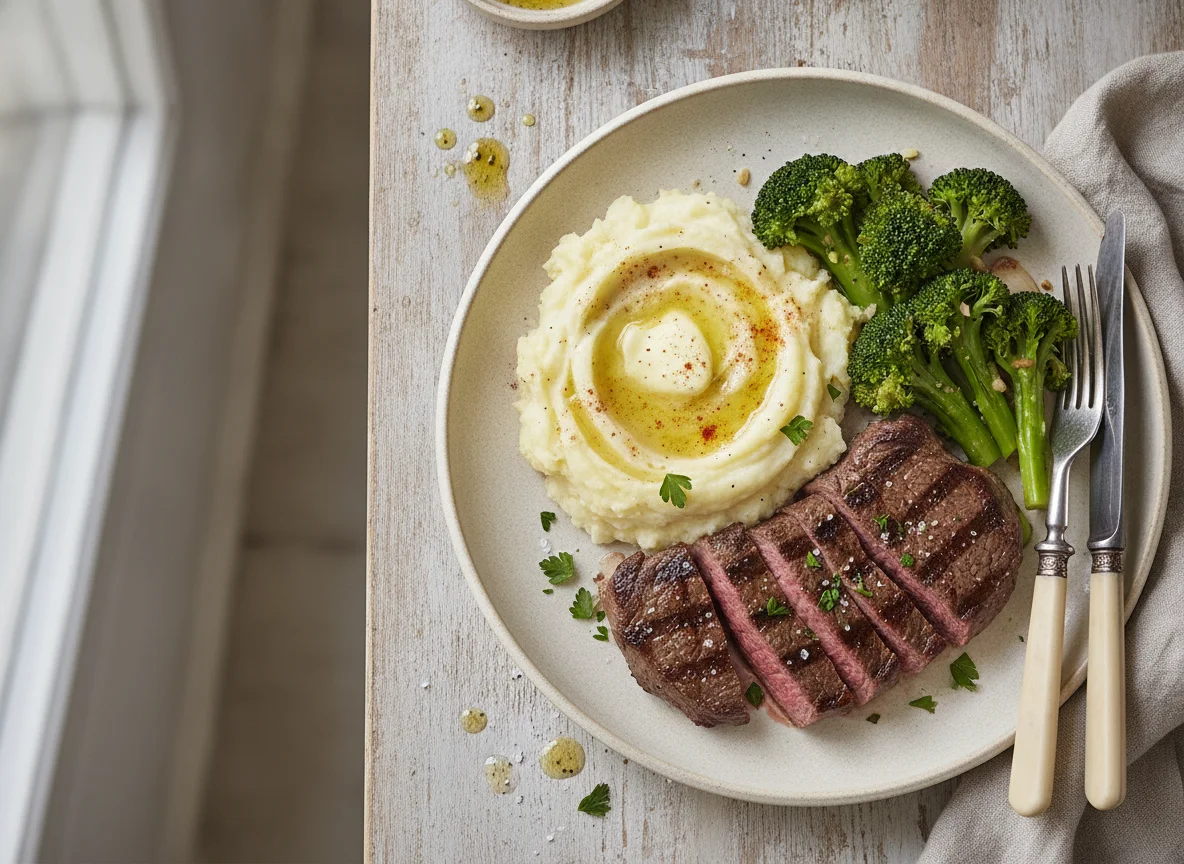Carne con puré de papa y brócoli photo
