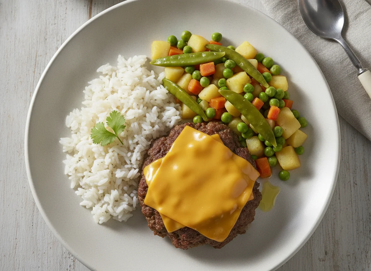 Carne con queso, arroz y verduras photo