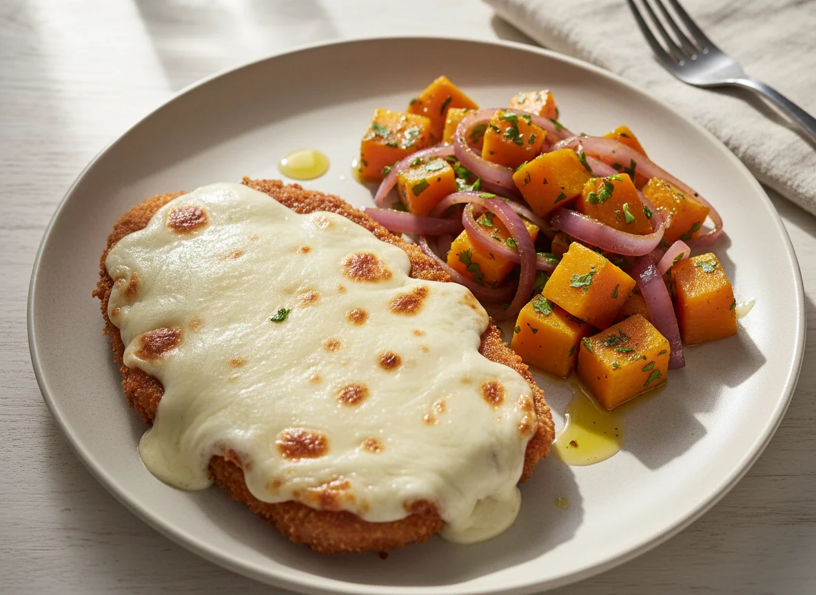 Carne con queso y vegetales salteados photo