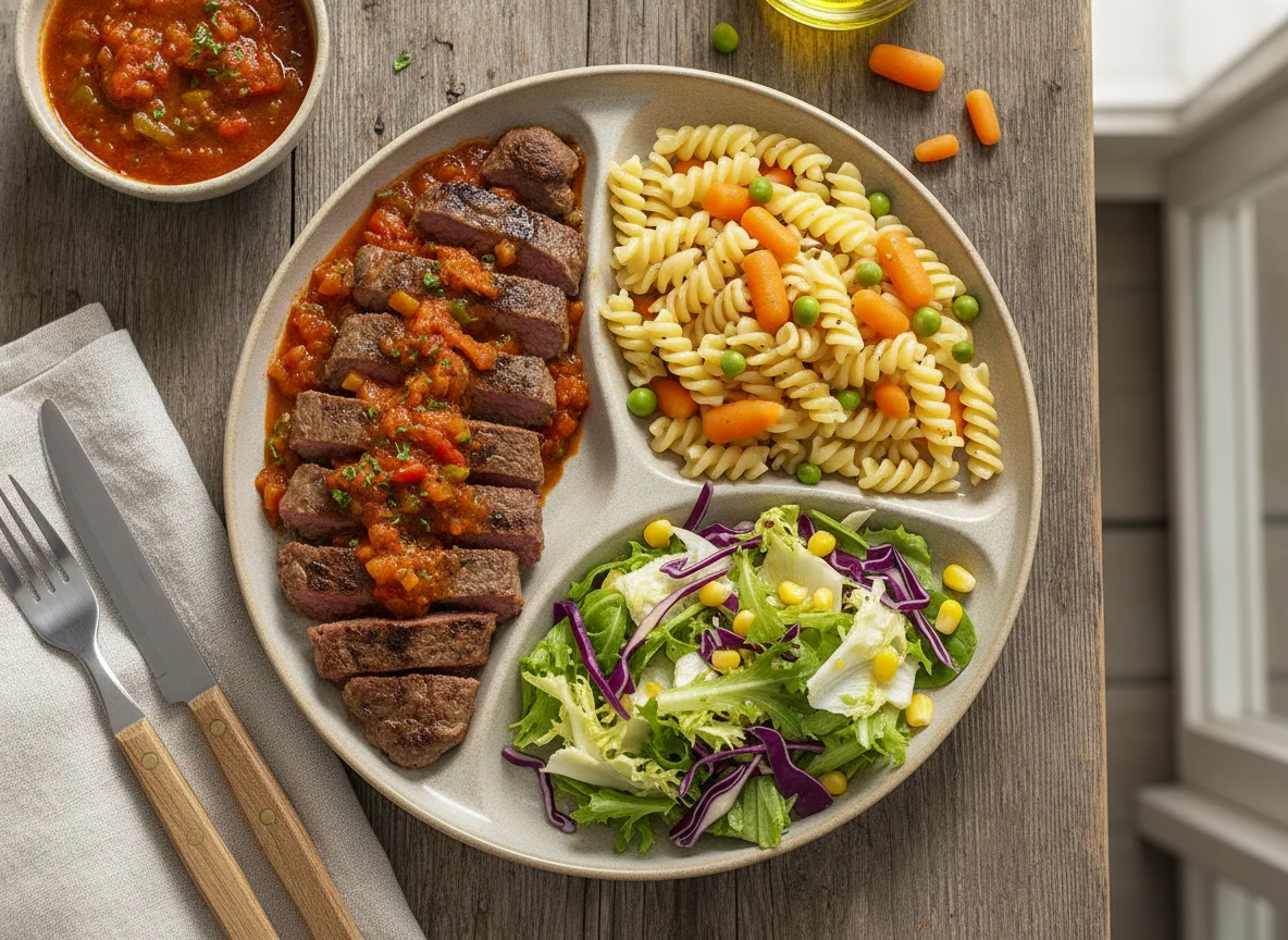Carne con salsa, fideos fusilli y ensalada mixta photo