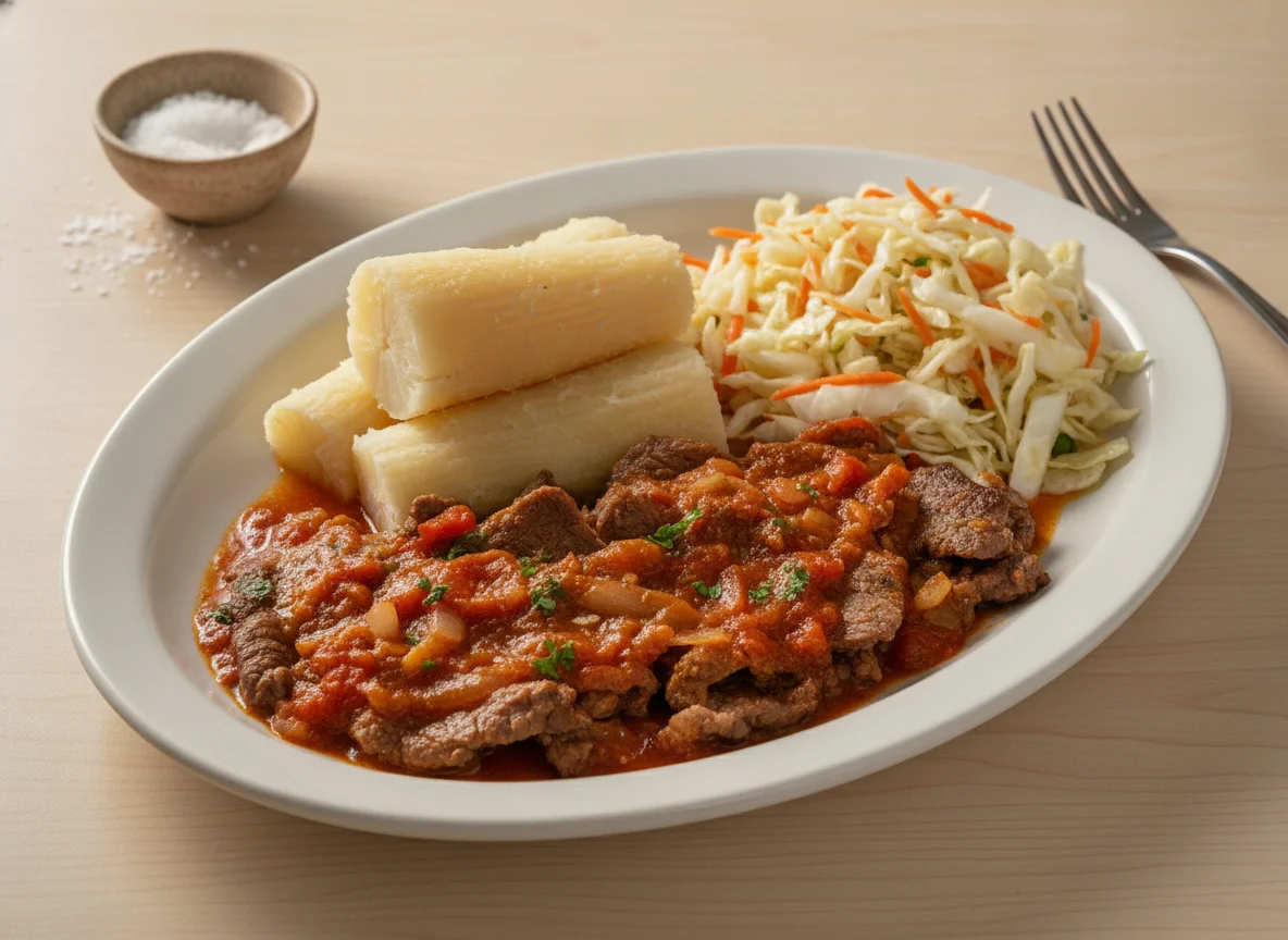 Carne con salsa, mandioca y ensalada de repollo photo