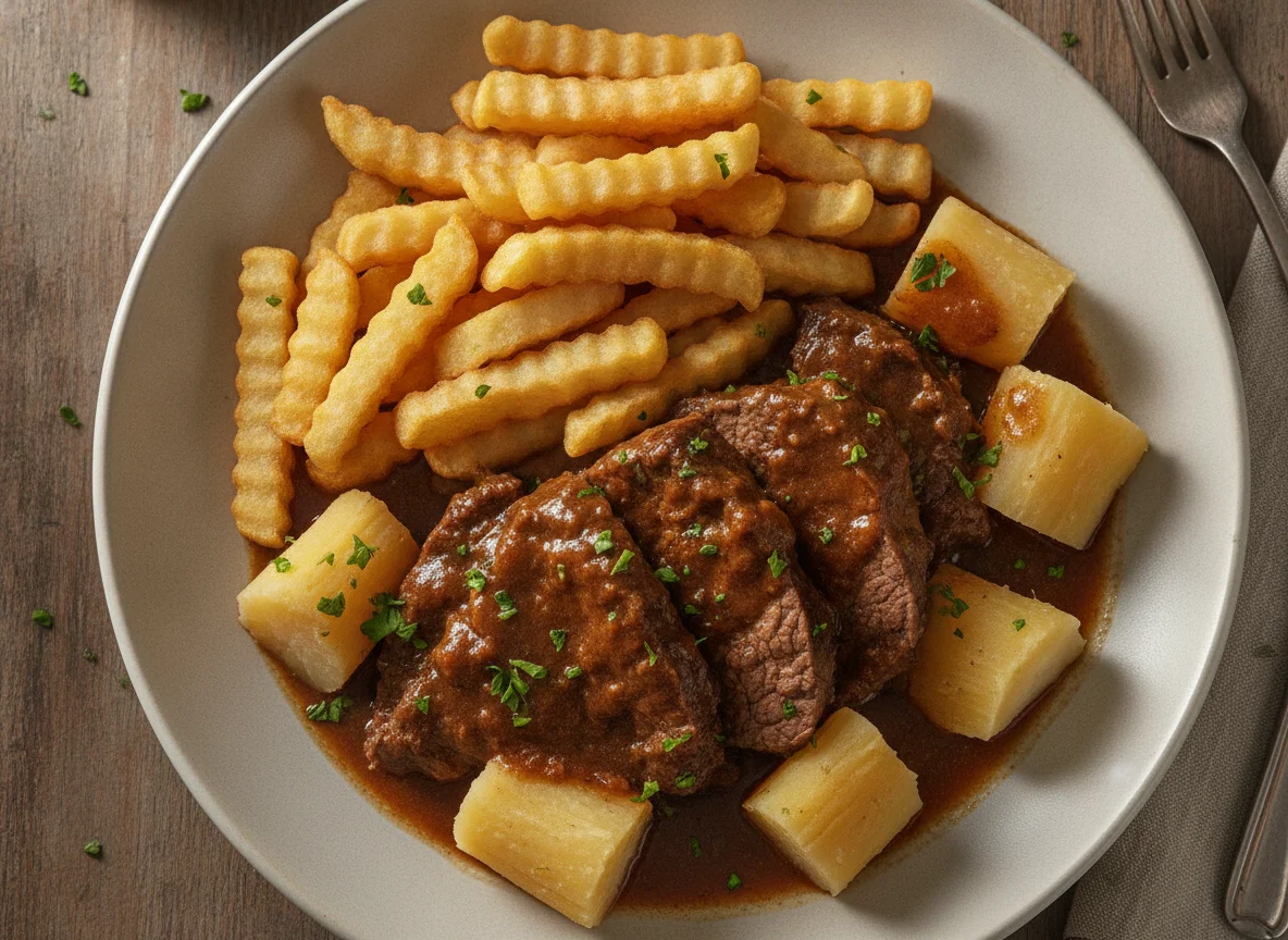 Carne con salsa y papas fritas photo