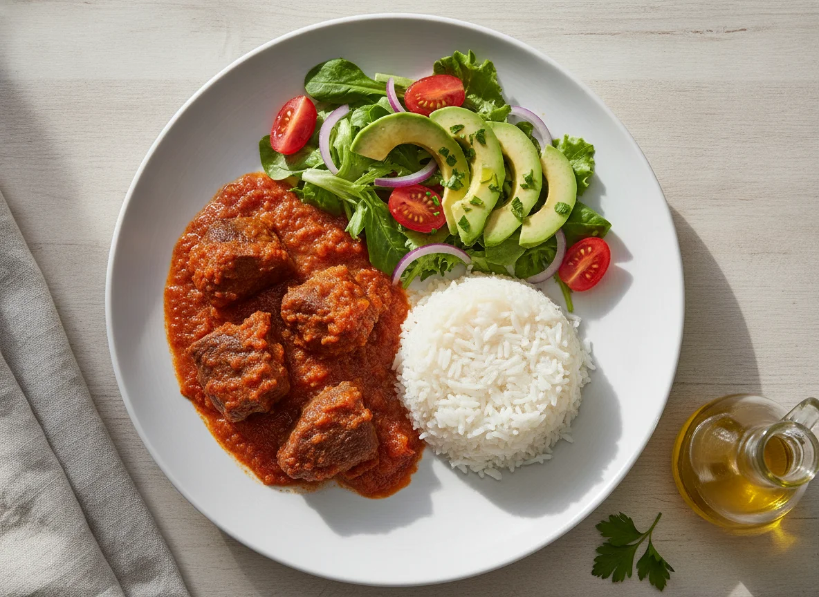 Carne con tomate, arroz blanco y ensalada de aguacate photo