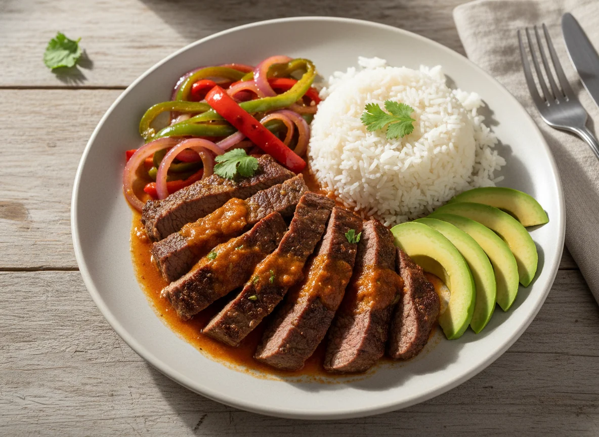 Carne con vegetales, arroz y aguacate photo
