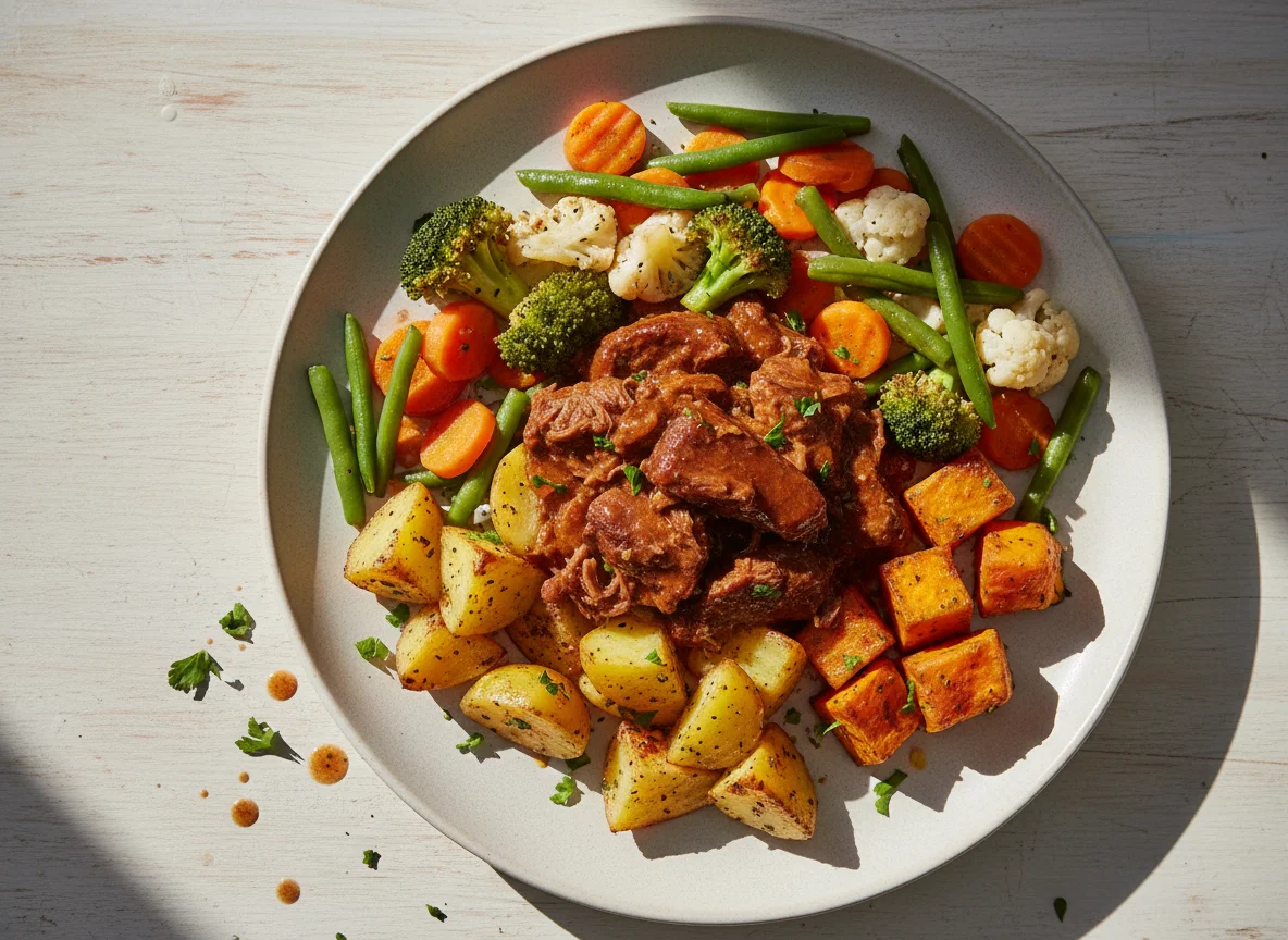 Carne con vegetales y papas photo