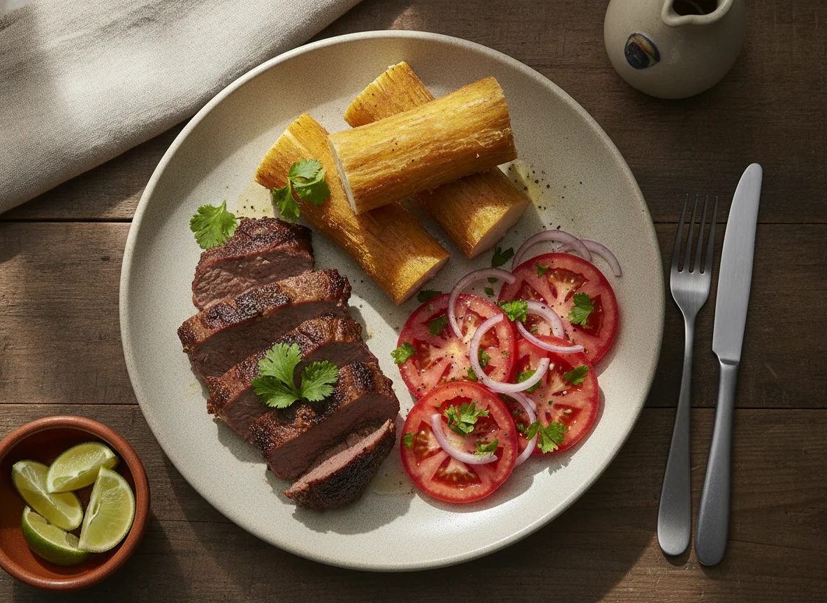 Carne con yuca y ensalada de tomate photo
