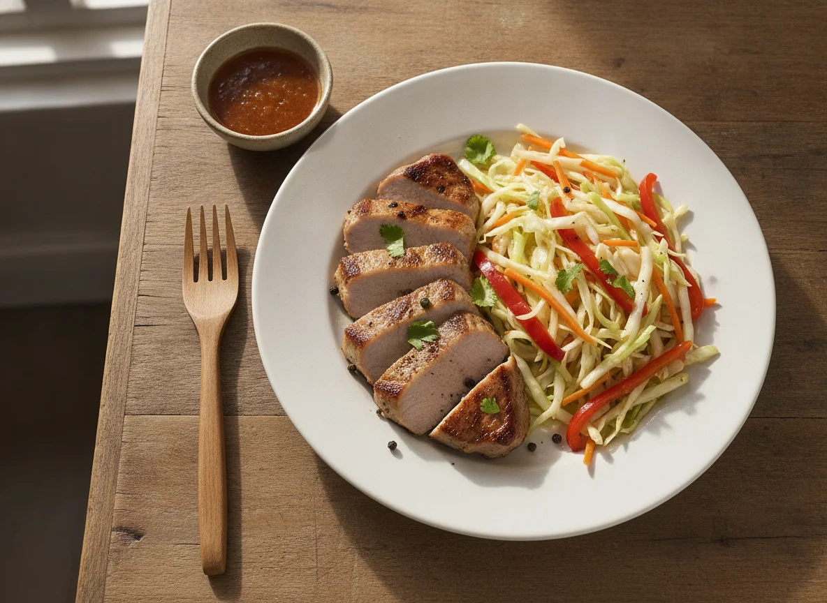 Carne de cerdo con ensalada de repollo salteada photo