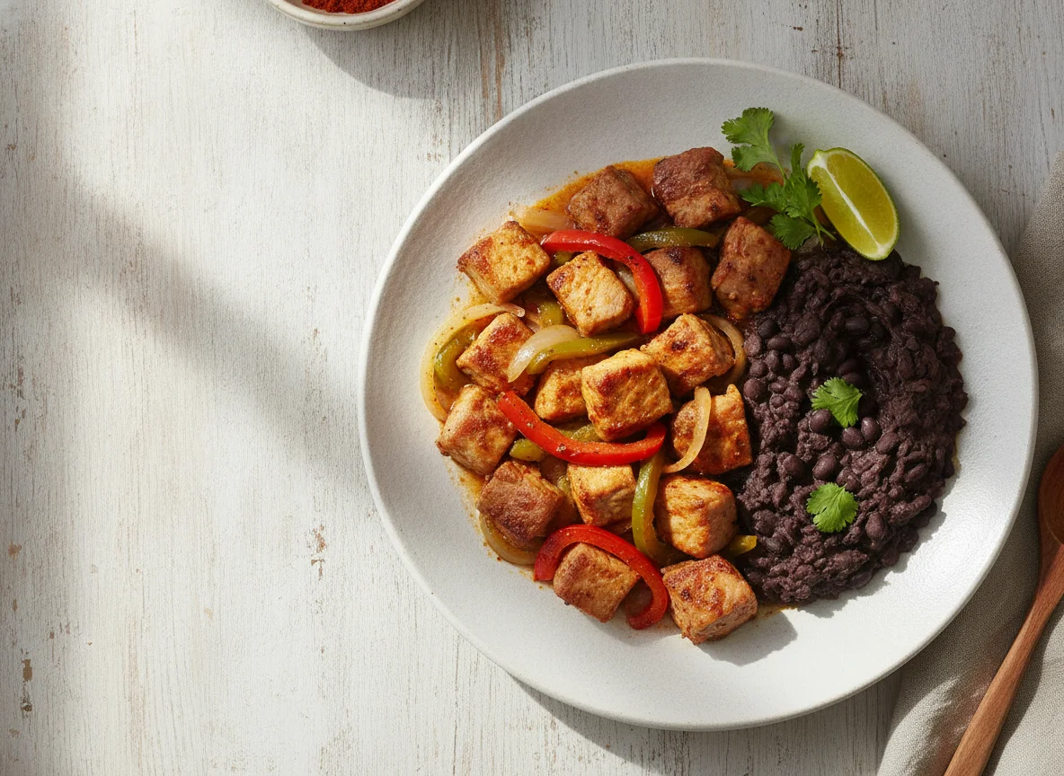 Carne de cerdo con pimientos y frijoles refritos photo