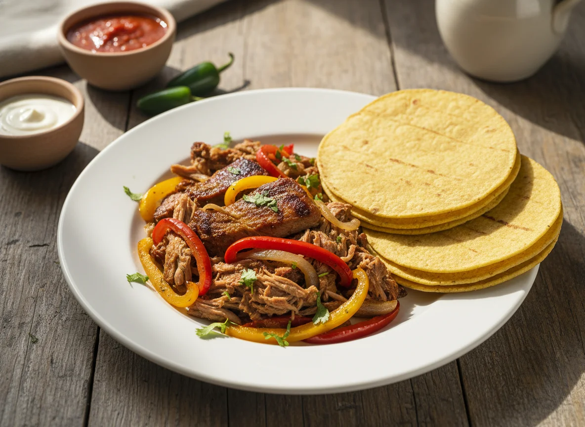 Carne de cerdo con pimientos y tortillas photo
