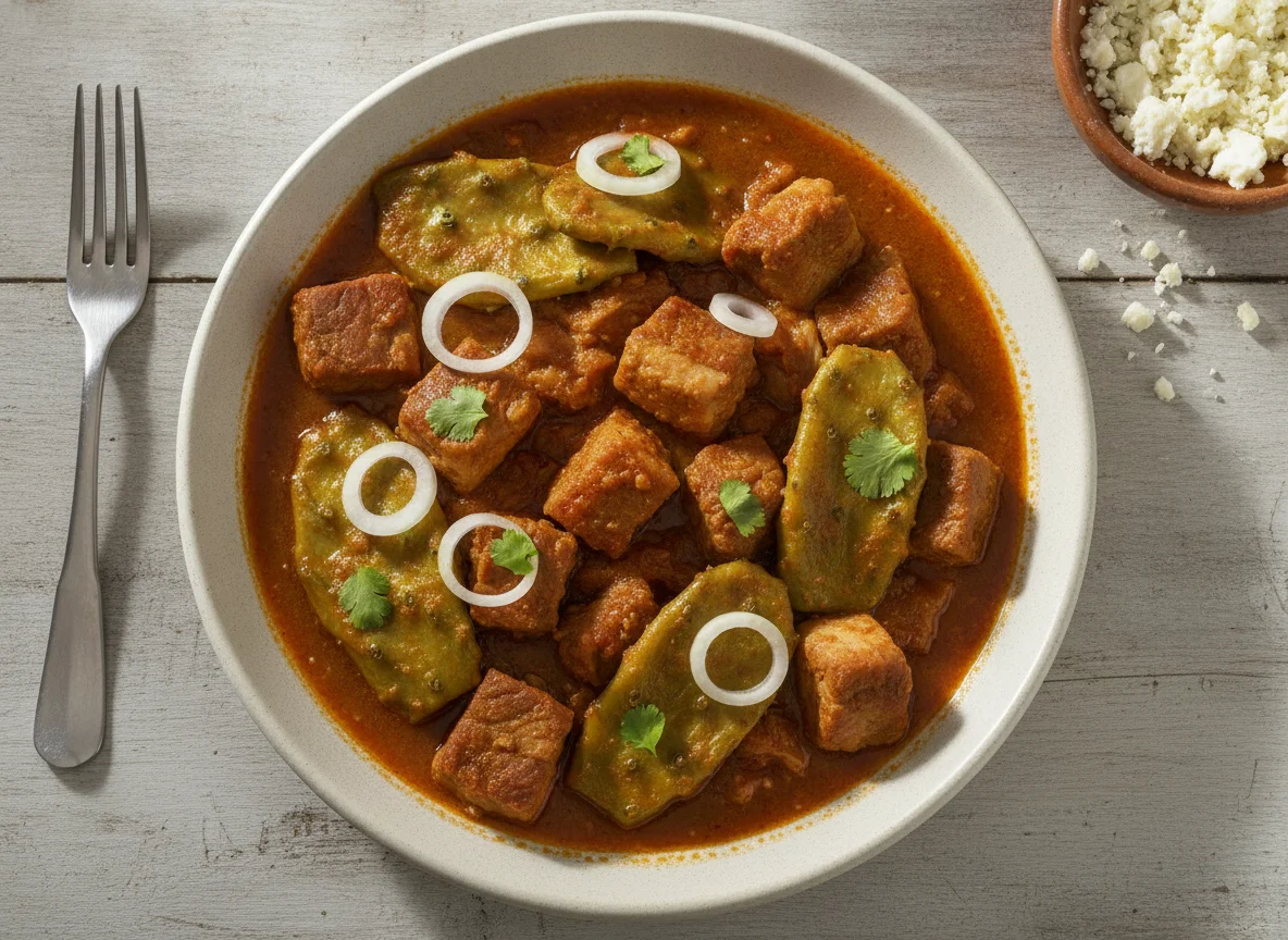 Carne de cerdo en salsa roja con nopales photo