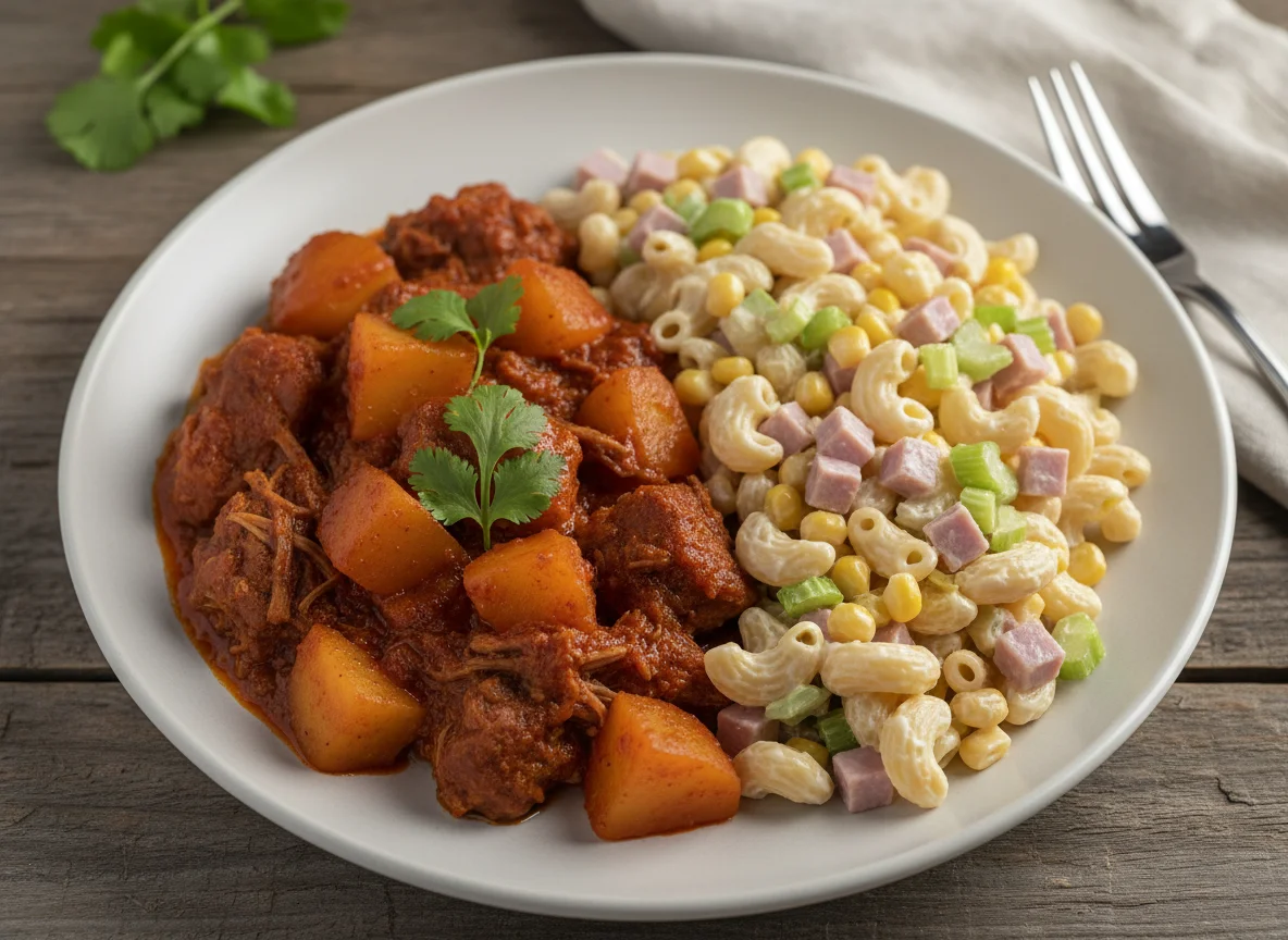 Carne de puerco en chile rojo con ensalada de coditos photo