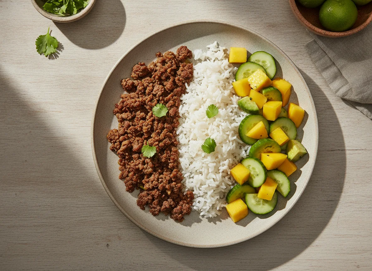 Carne de res con arroz y ensalada de aguacate photo