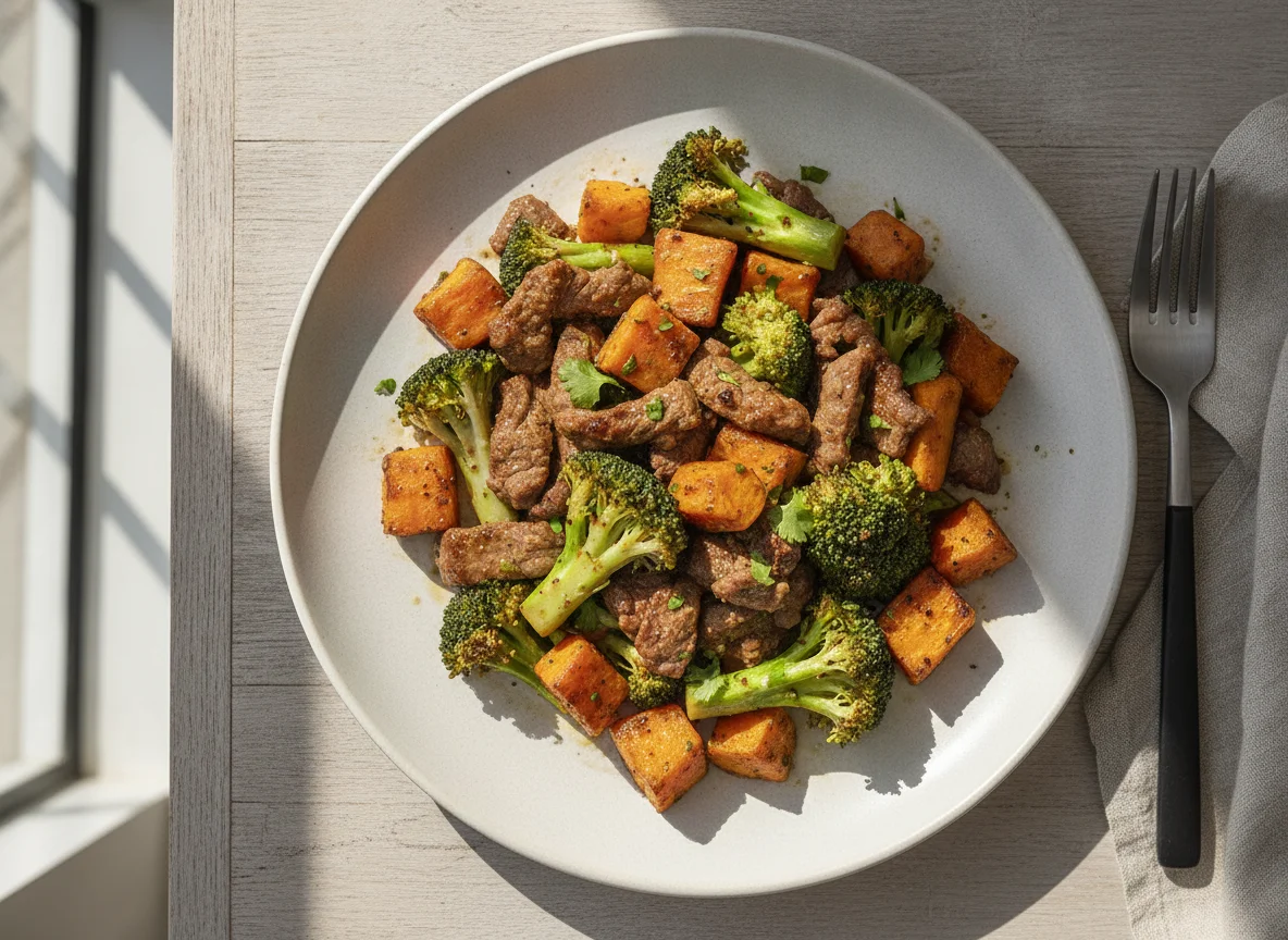 Carne de res con brócoli y camote photo