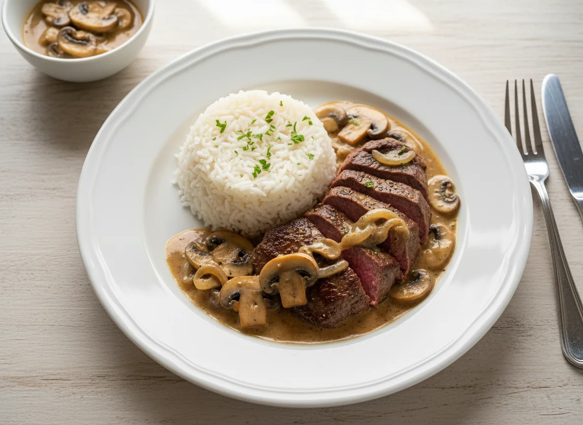 Carne de res con champiñones y arroz photo