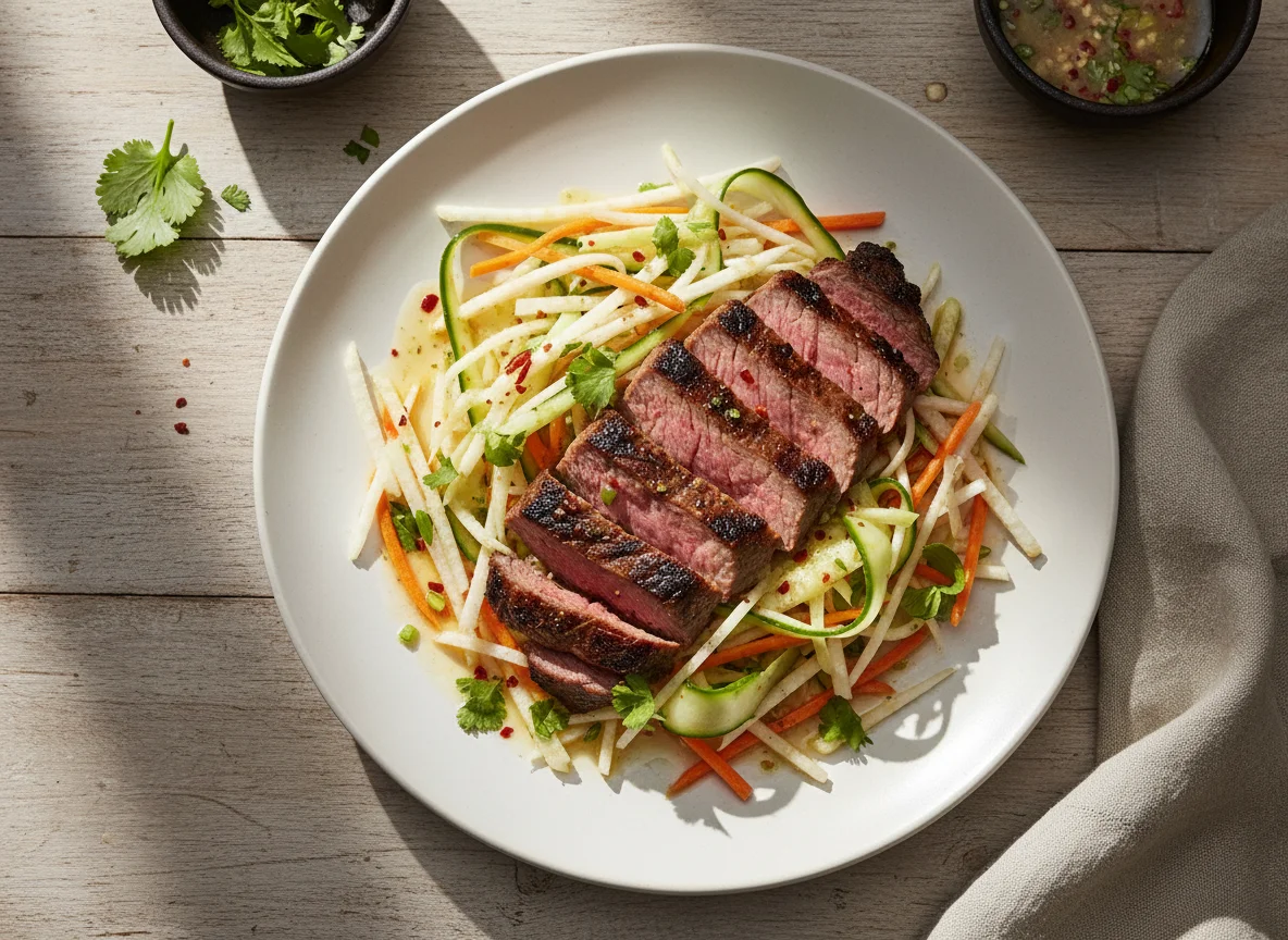 Carne de res con ensalada de jícama y zanahoria photo