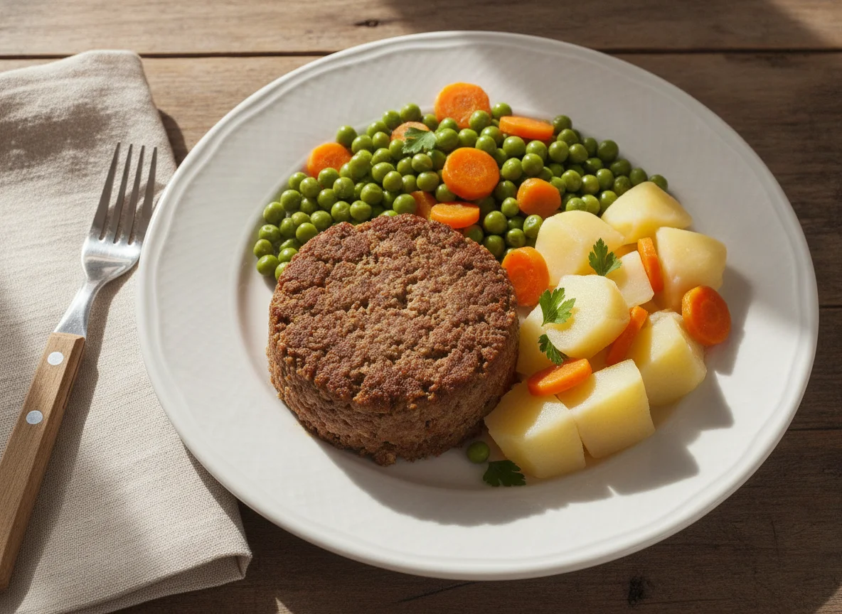 Carne de res con guarnición de chícharos y zanahorias photo