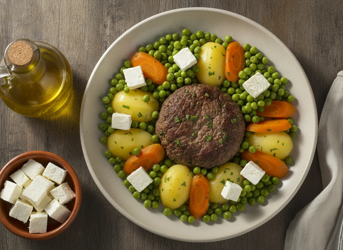 Carne de res con guarnición de chícharos, zanahorias y queso fresco photo