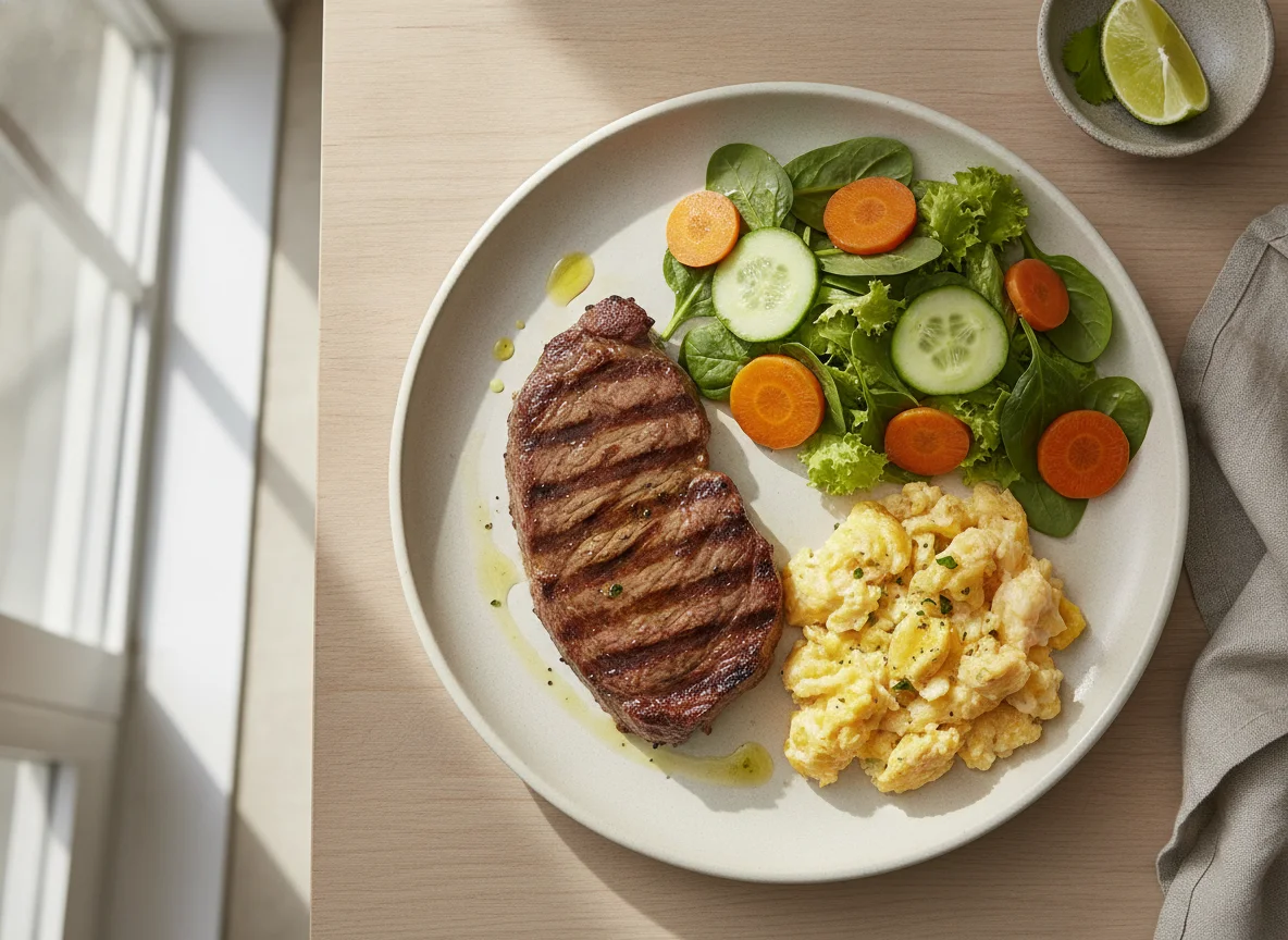 Carne de res con huevos revueltos y ensalada fresca photo