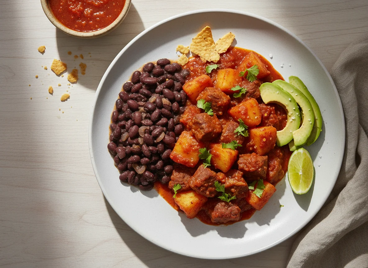 Carne de res con papas en salsa roja, frijoles y aguacate photo
