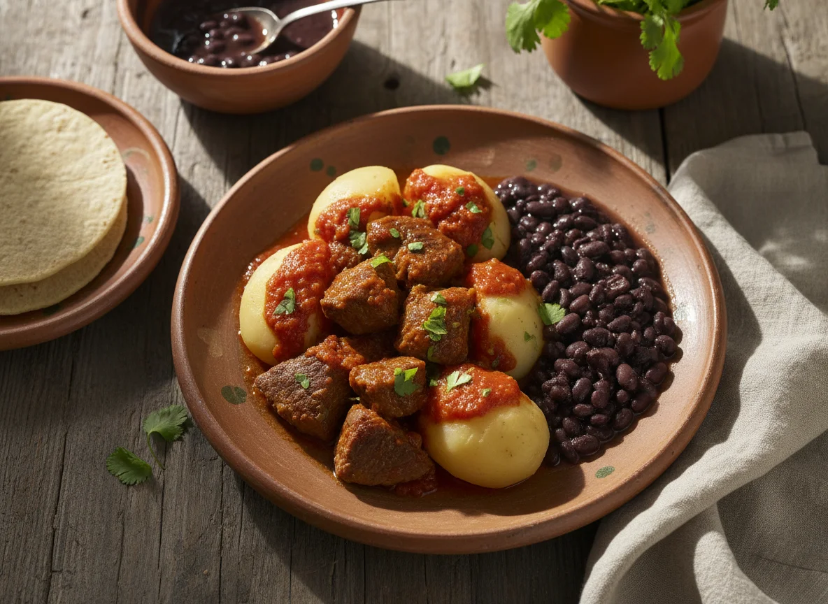 Carne de res con papas y frijoles negros photo