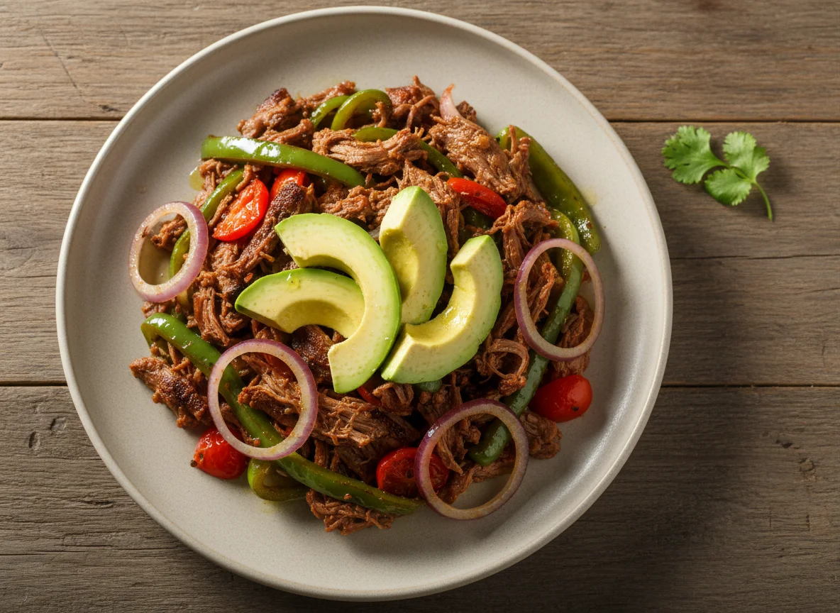 Carne de res con pimientos y aguacate photo