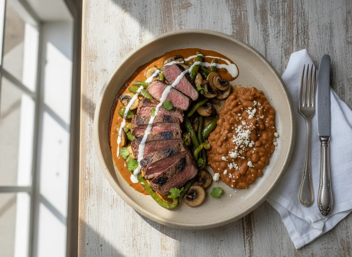 Carne de res con poblano, champiñones y frijoles photo