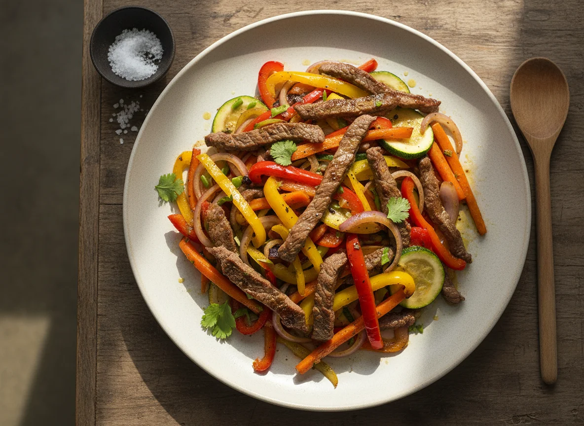 Carne de res con vegetales salteados photo