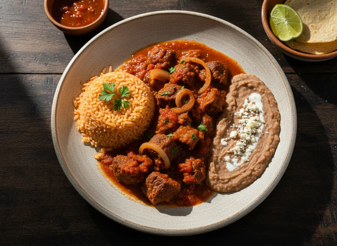 Carne de res en salsa con arroz y frijoles refritos photo