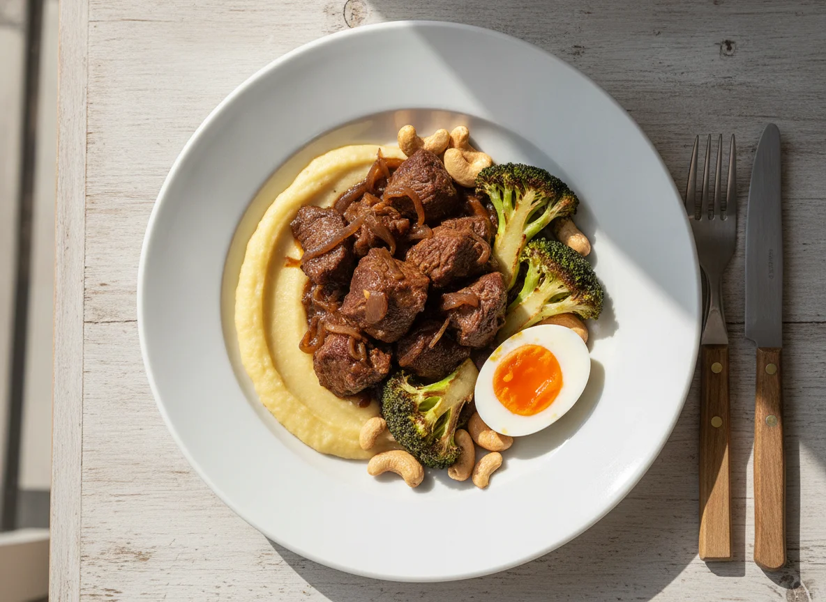 Carne de res estofada con brócoli, huevo y anacardos photo
