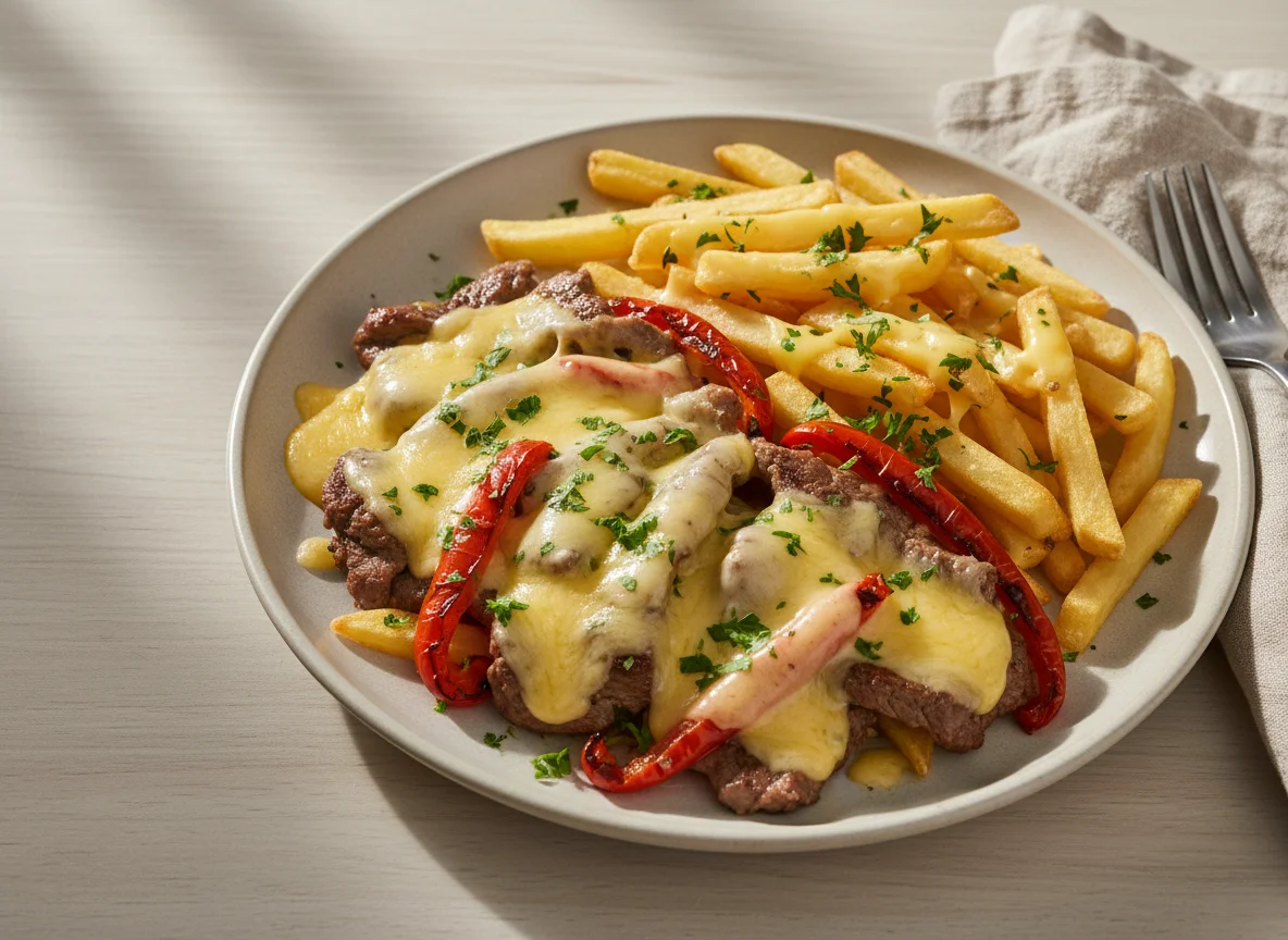 Carne de ternera con patatas fritas y queso fundido photo