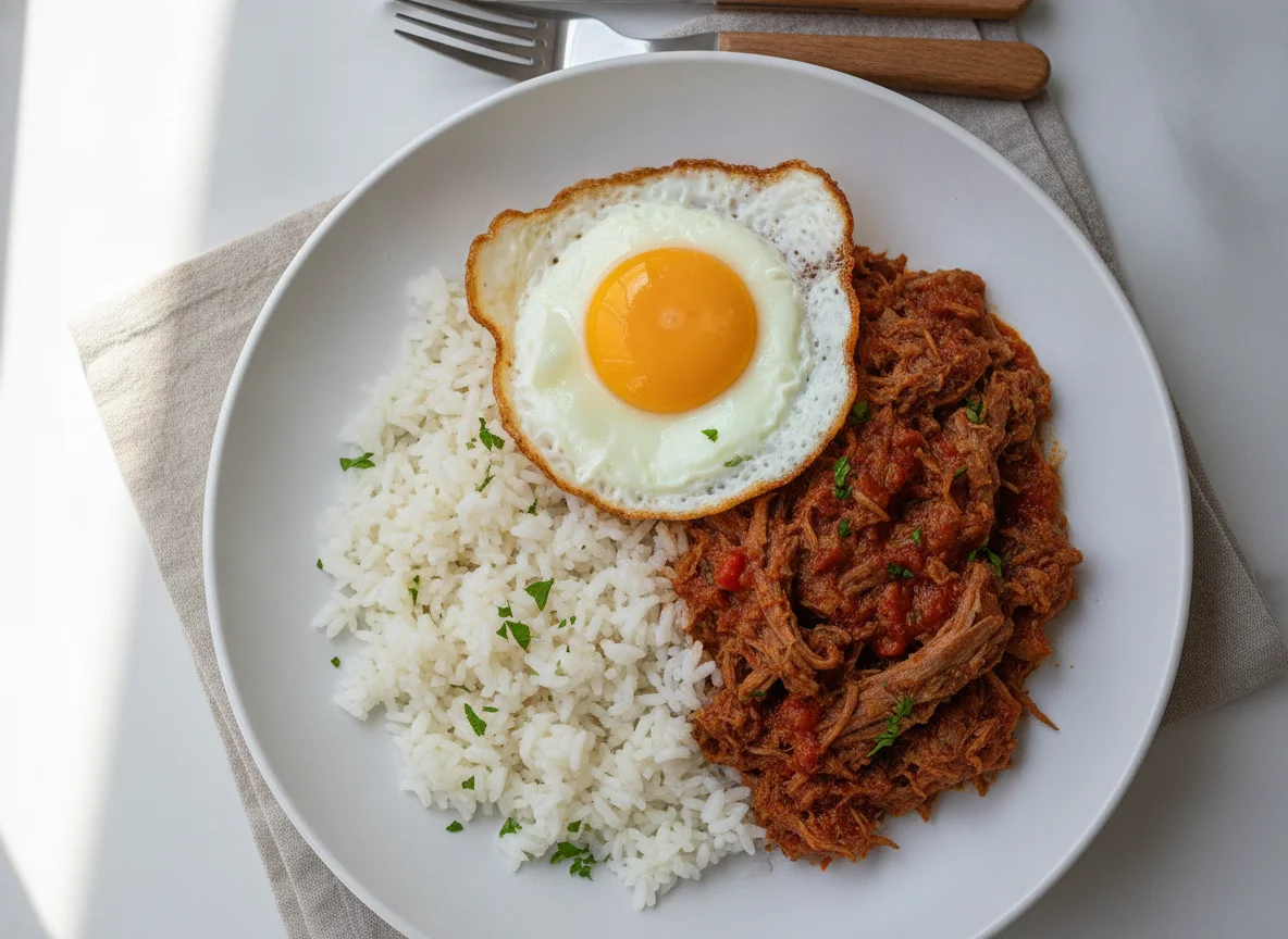 Carne deshebrada con arroz y huevo photo