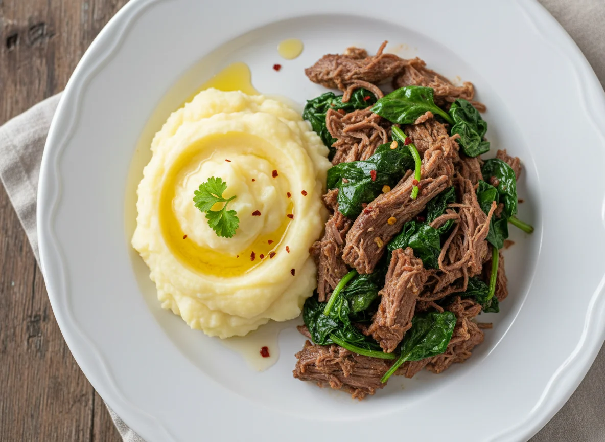 Carne deshebrada con espinacas y puré de papa photo