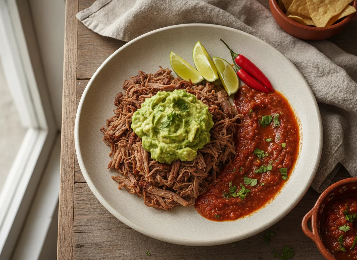 Carne deshebrada con guacamole y salsa photo