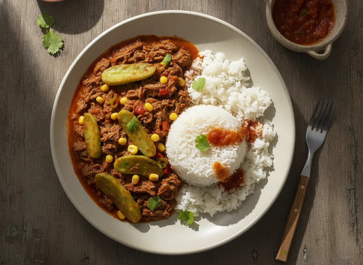 Carne deshebrada con nopales y arroz blanco photo