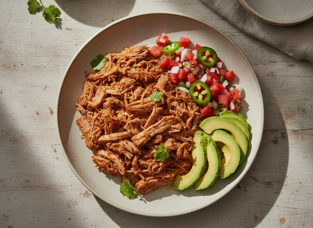 Carne deshebrada con pico de gallo y aguacate photo