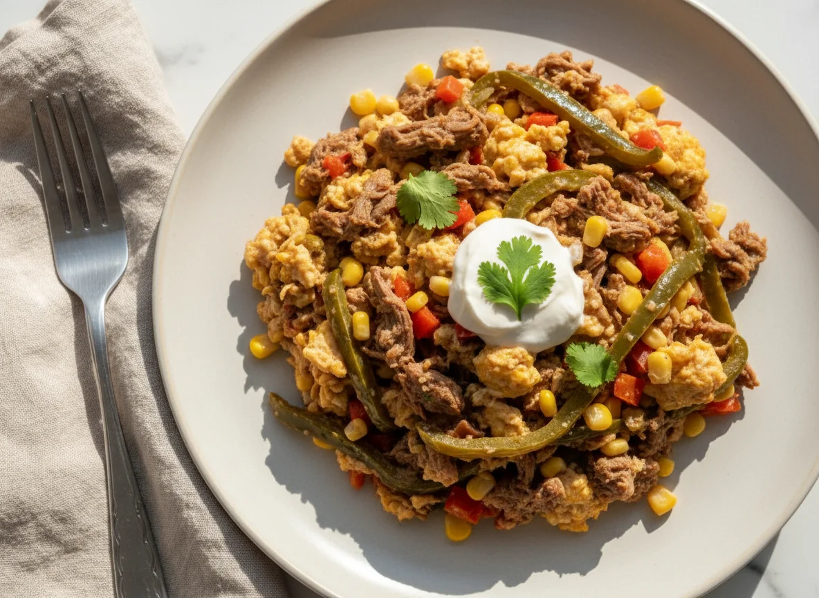 Carne deshebrada con rajas con crema photo