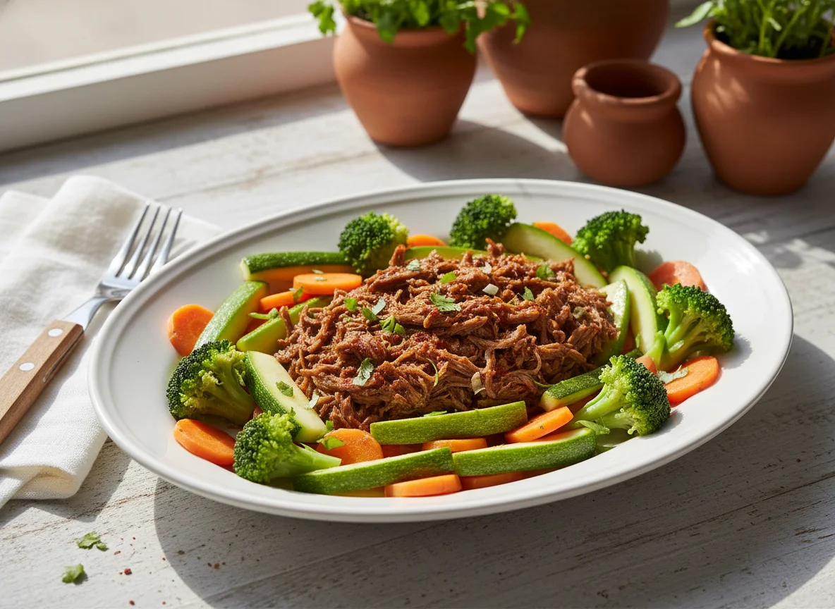 Carne deshebrada con vegetales al vapor photo