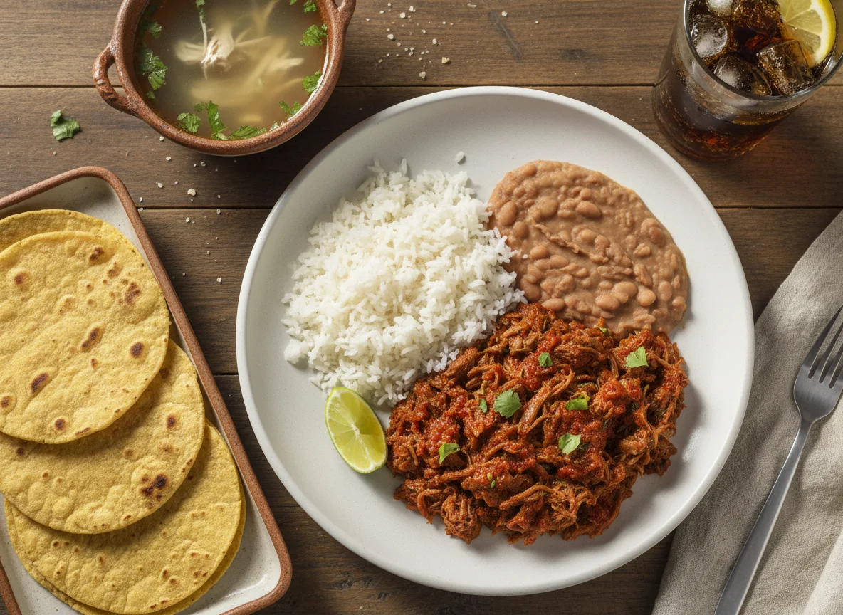 Carne deshebrada de res con arroz, frijoles y tortillas photo