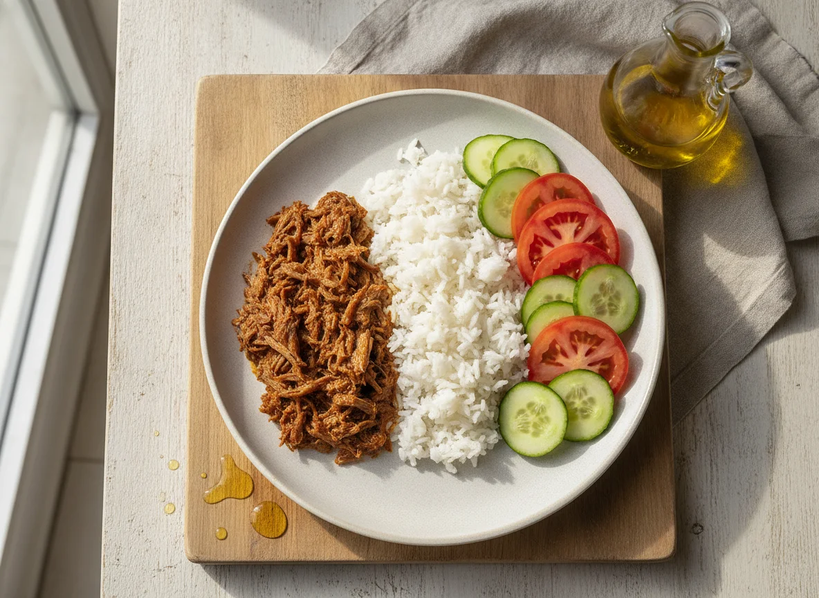 Carne desmechada con arroz y ensalada photo