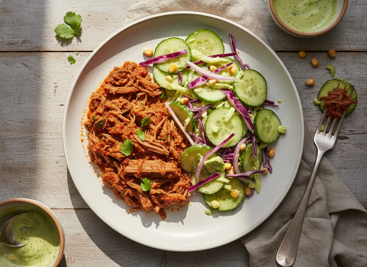 Carne desmechada con ensalada de pepino y repollo photo