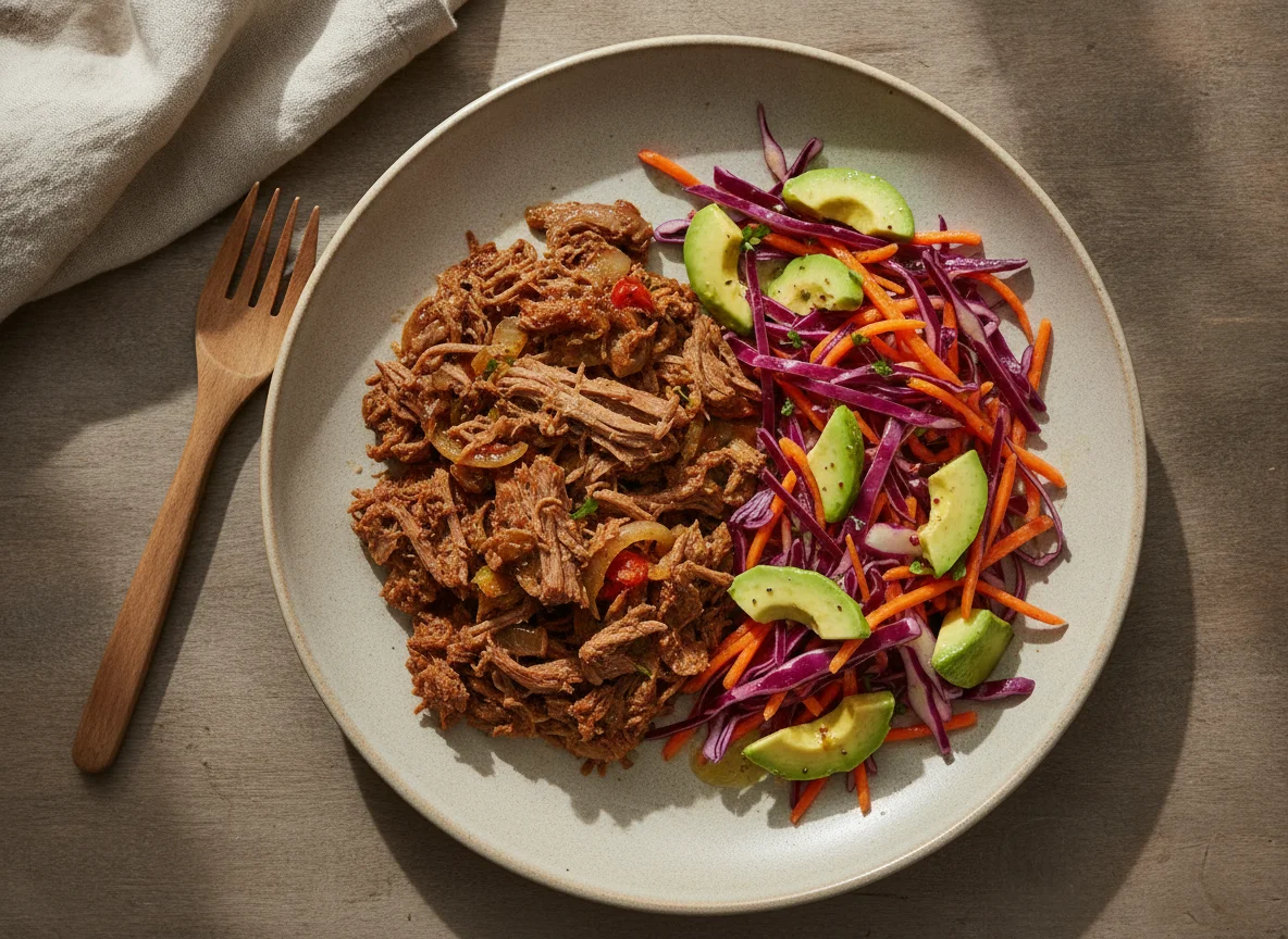 Carne desmechada con ensalada de repollo y aguacate photo