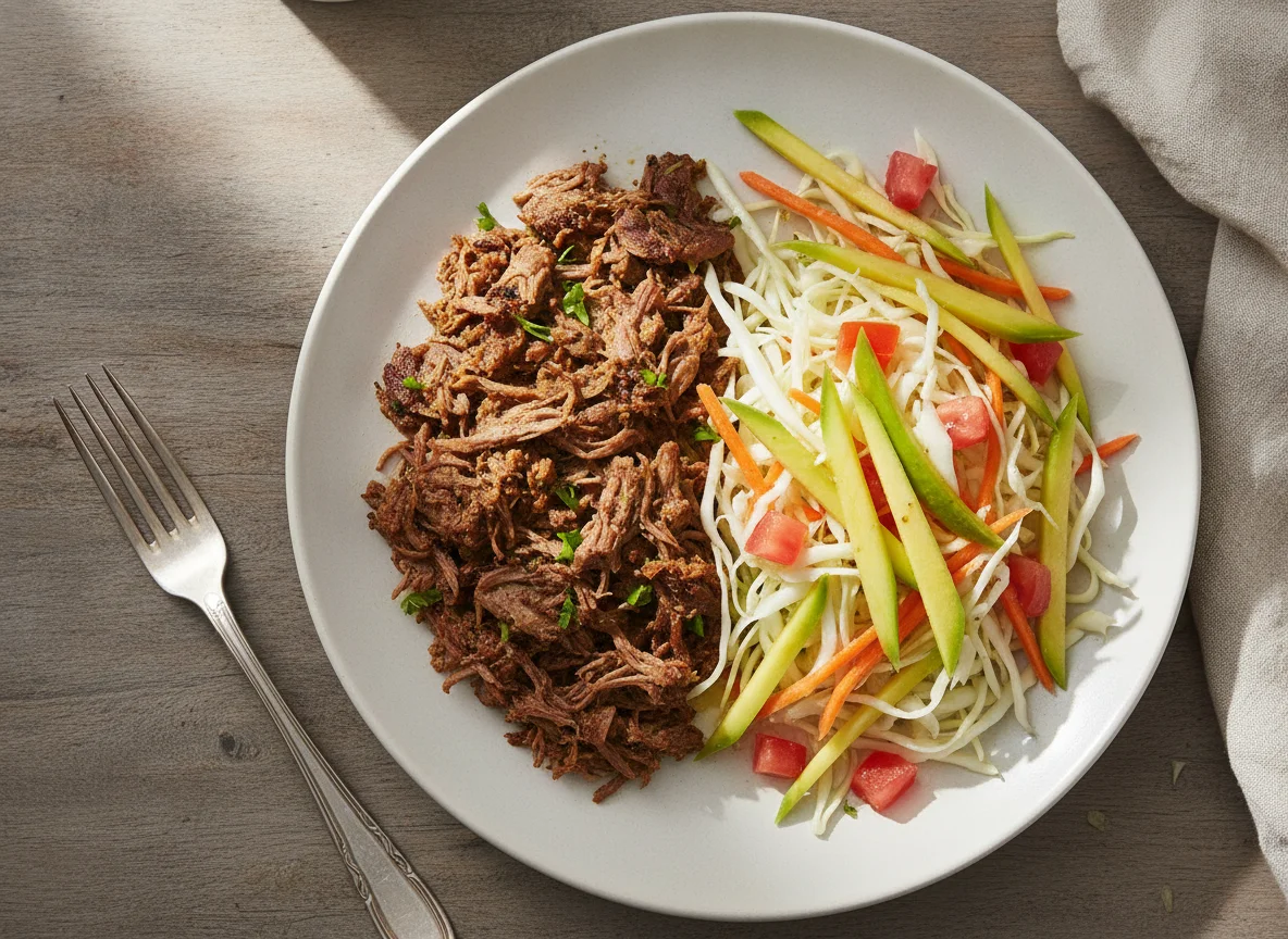 Carne desmechada con ensalada de repollo y mango photo
