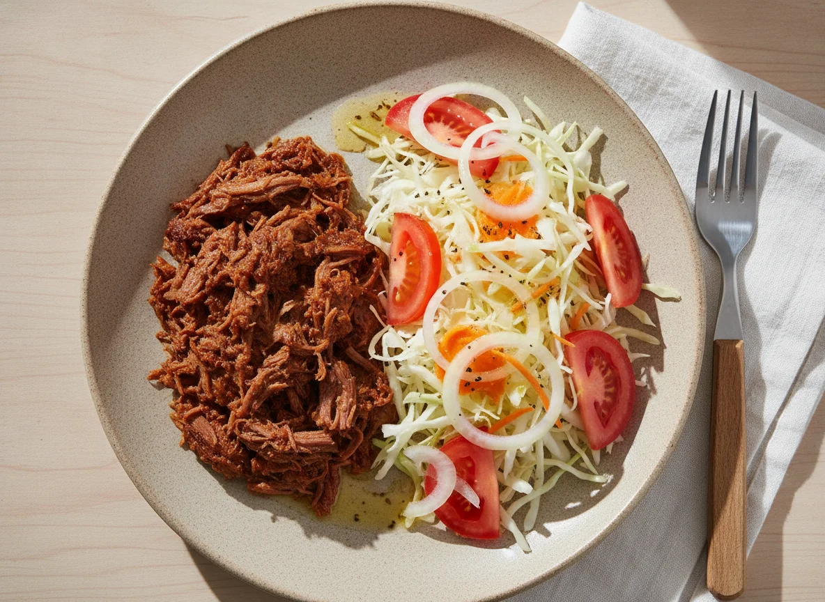 Carne desmechada con ensalada fresca photo