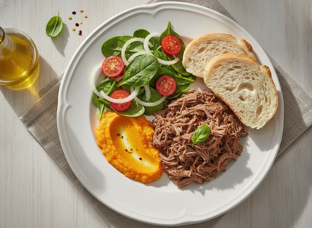 Carne desmechada con ensalada, puré de calabaza y pan photo