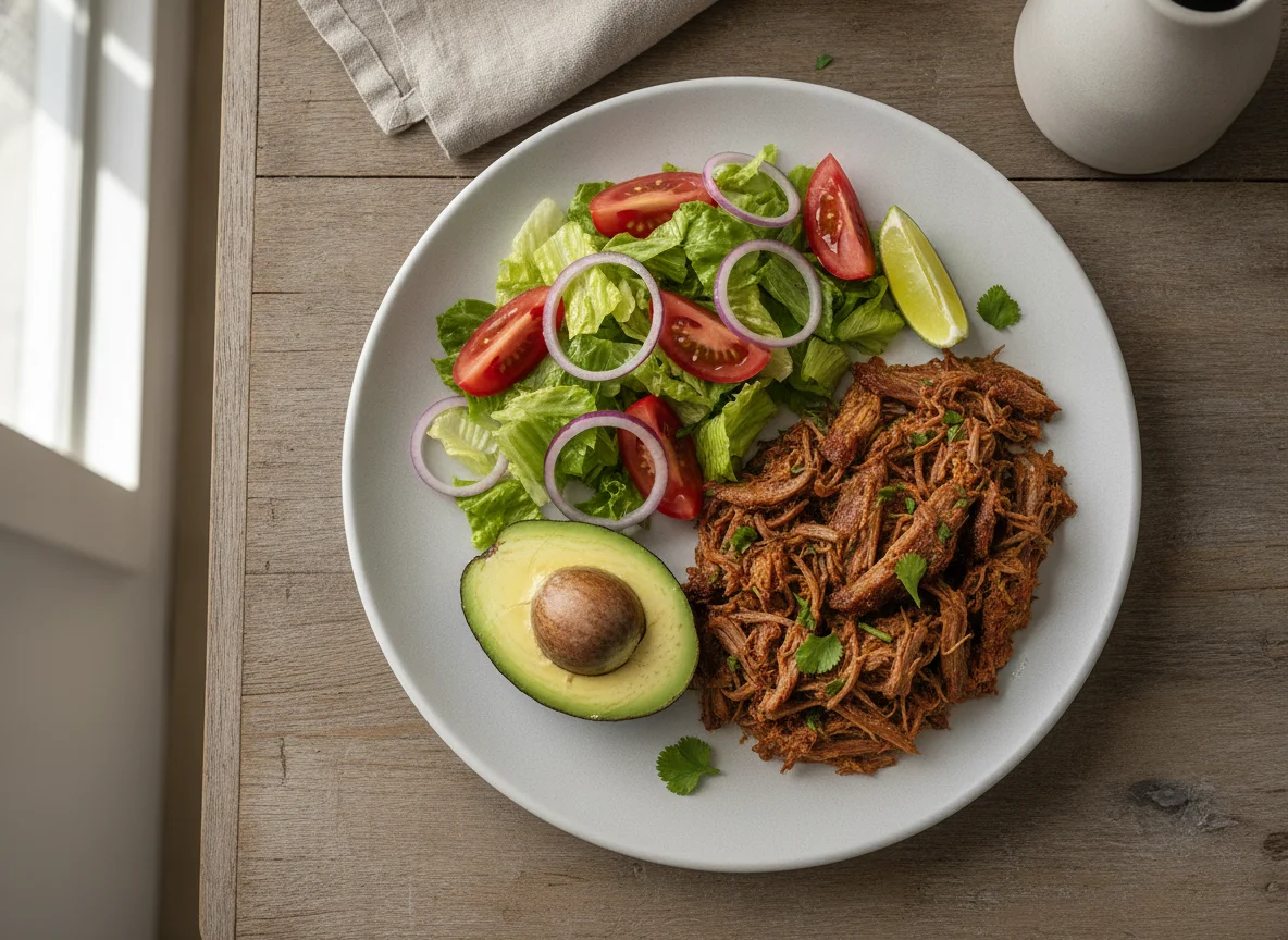 Carne desmechada con ensalada y aguacate photo