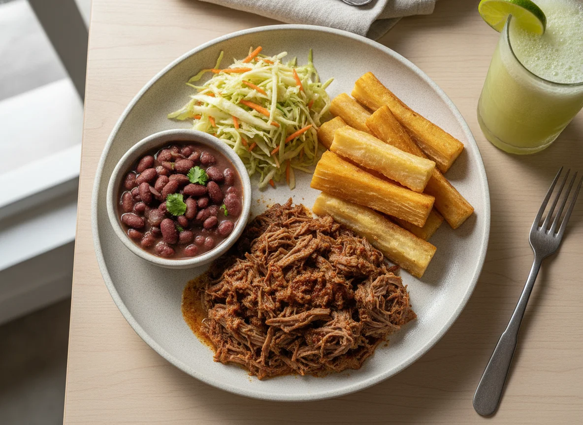 Carne desmechada con yuca, ensalada y frijoles photo